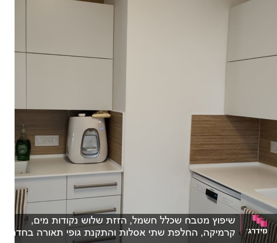מטבח עם ארונות לבנים ומשטח עבודה חדש
